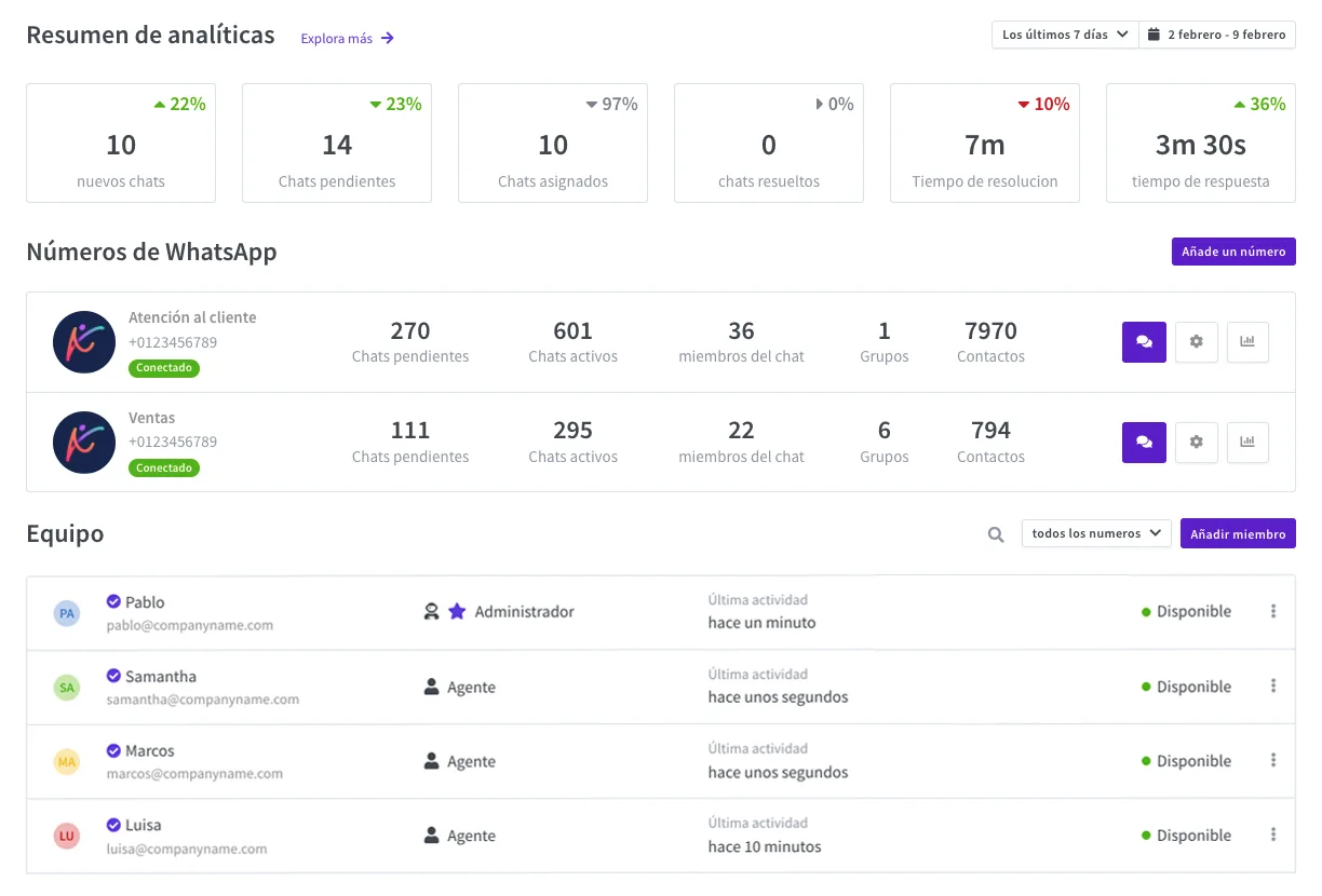 One of your customers’ accounts: their WhatsApp numbers, their team and the week’s activity.