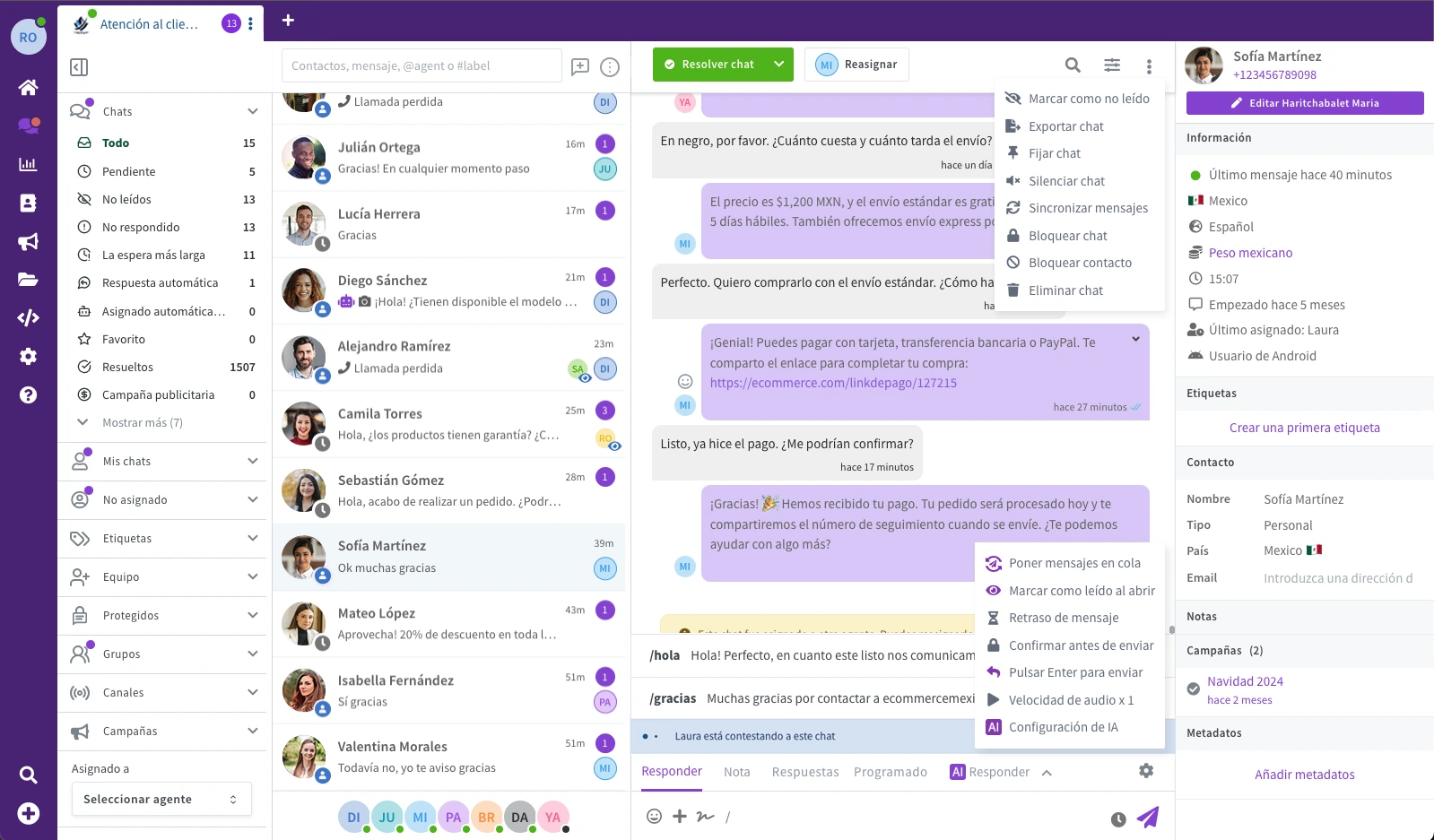 WhatsApp inbox with conversations and assignments, provided under a reseller's brand.
